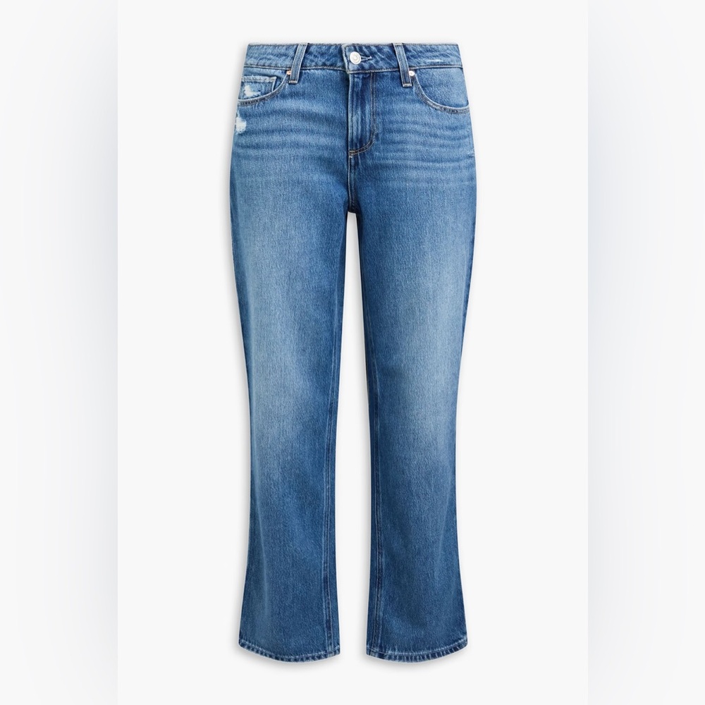 PAIGE Noella Distressed High-Rise Straight-Leg Midwash Jeans